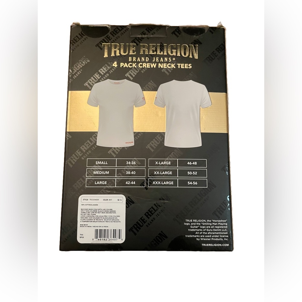 NWT True Religion 4 Pk Men's White Crew Neck Tees XL - Picture 2 of 6